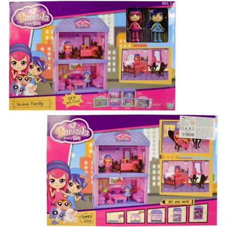 Domeček pro panenky 24x34cm herní set panenka 2ks s příslušenstvím v krabici