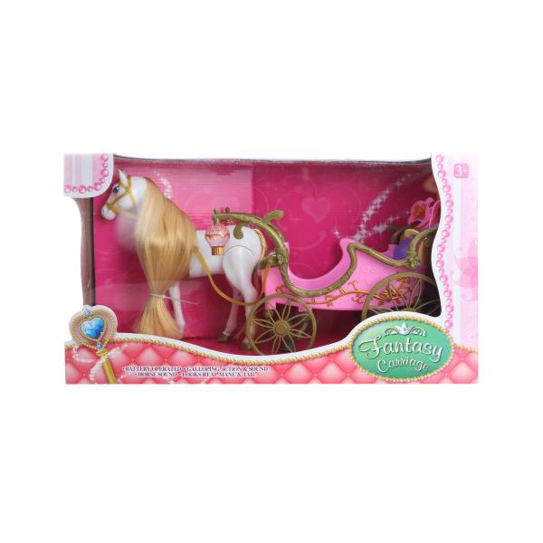 Kůň s růžovým kočárem
