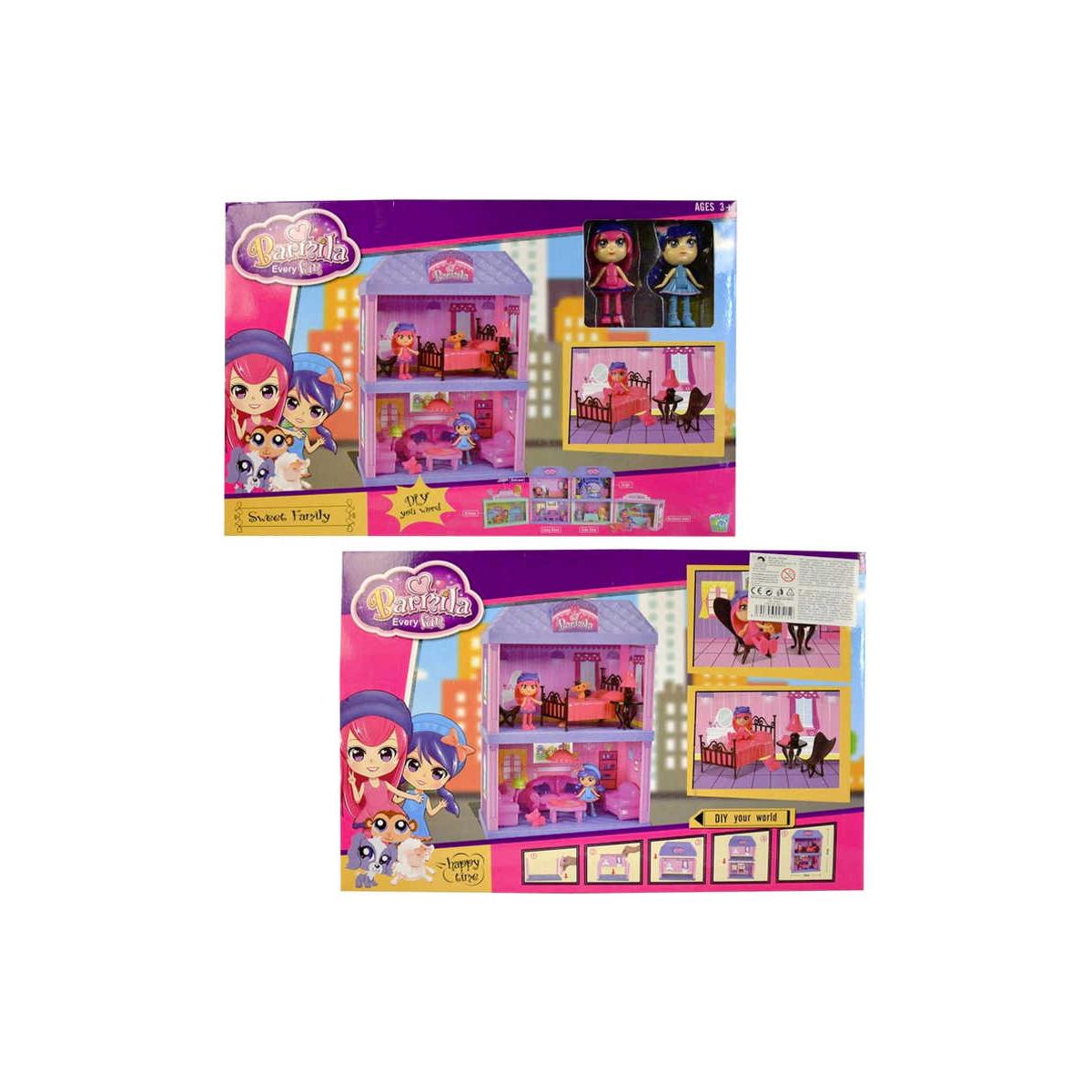 Domeček pro panenky 24x34cm herní set panenka 2ks s příslušenstvím v krabici